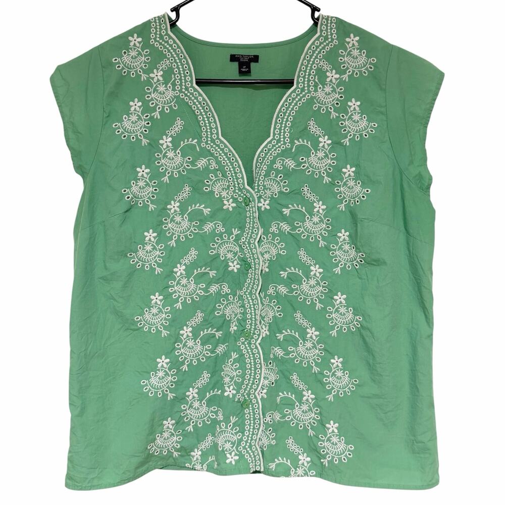 ANN TAYLOR Green Floral Embroidered Boxy Top Size Large Petite Cap Sleeve